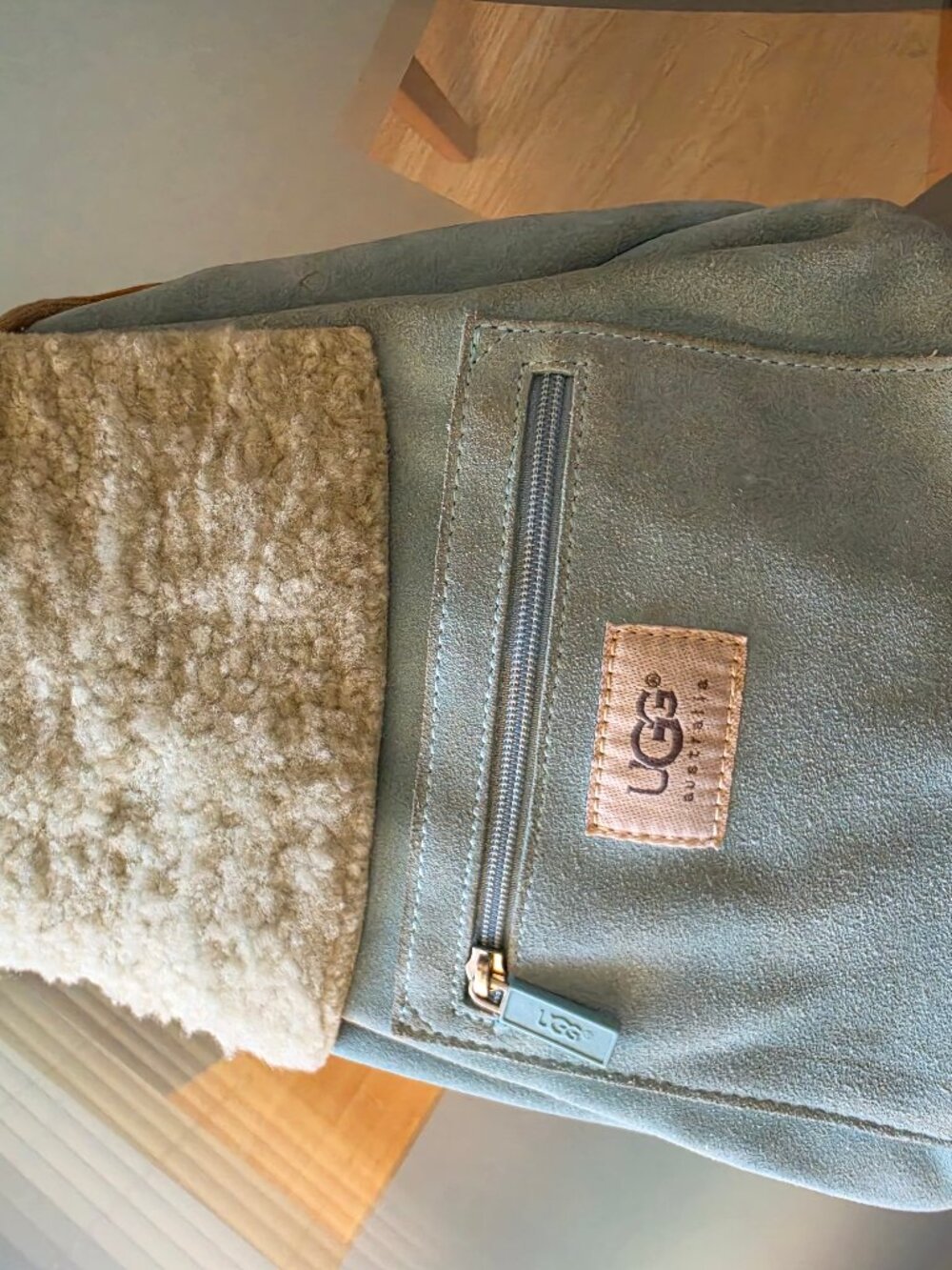 UGG Australia Suede & Shearling Mini Drawstring Backpack Sage Blue Green